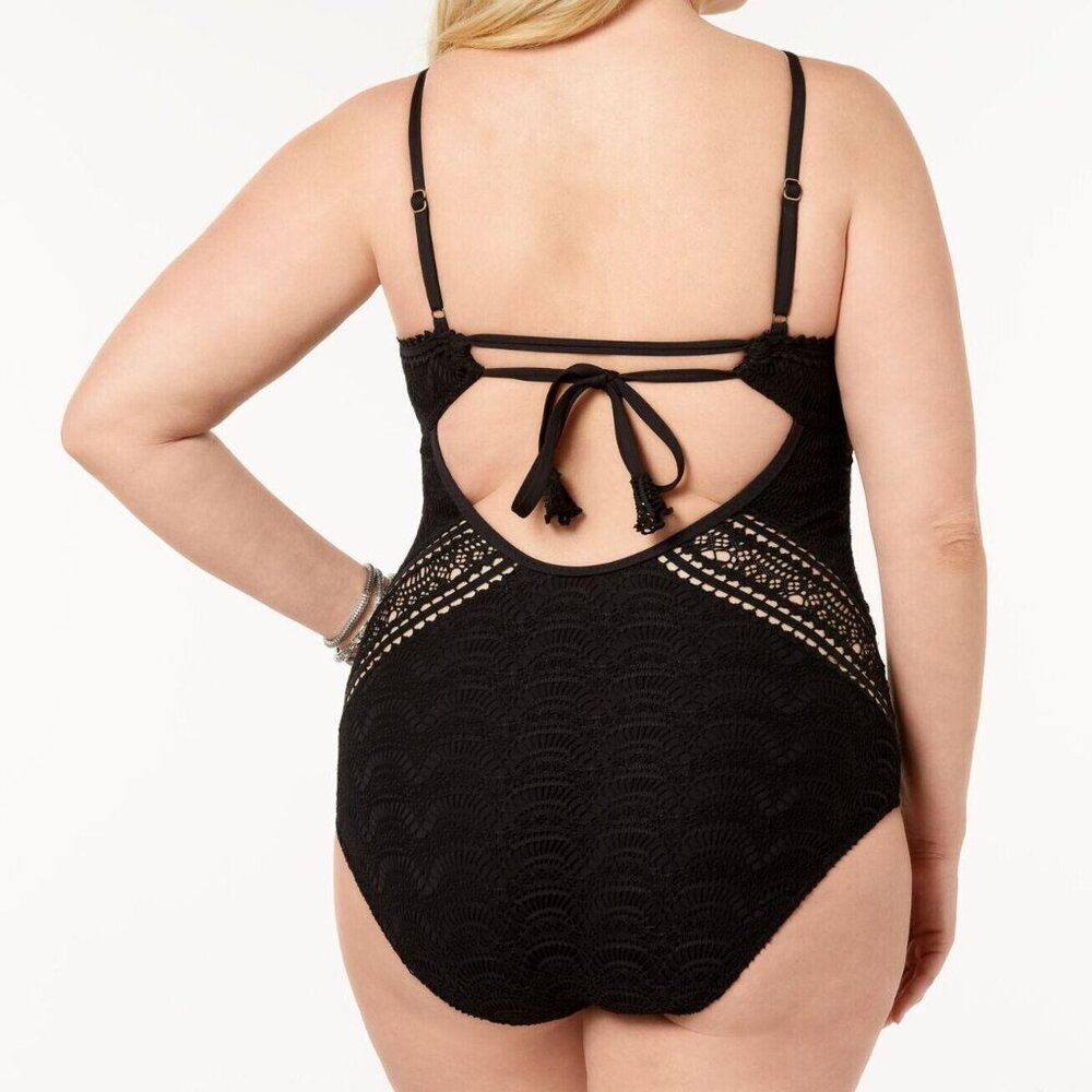 Becca ETC. Plus Black Crochet High-Neck Illusion One Piece Swimsuit 1X NWT $168 - Picture 2 of 6